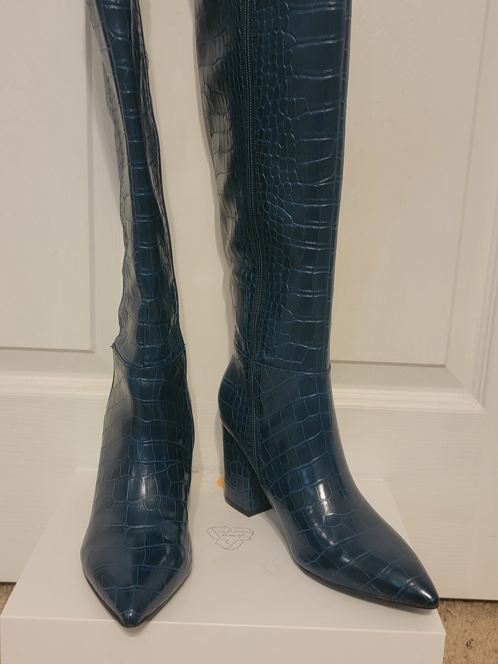 Nine West Teal Croc-Embossed Knee-High Block Heel Boots